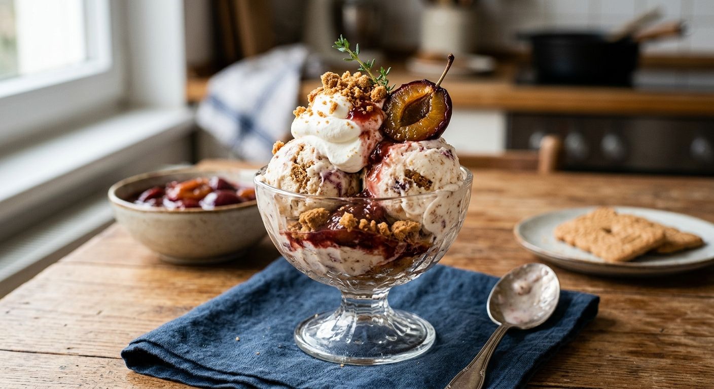 Selbstgemachtes Spekulatius-Eis mit Zwetschgen-Strudel im Glasbecher (KI-generiertes Symbolbild)
